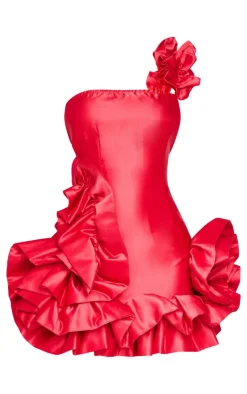 Petite Satin Ruffle Hem One Shoulder Mini Dress-PrettyLittleThing