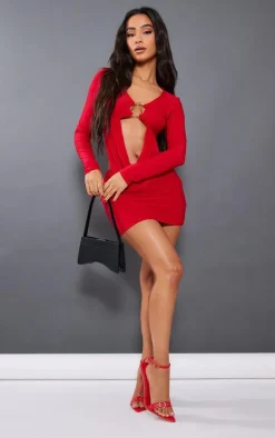 Discount PrettyLittleThing Petite Slinky Drape Longsleeve Crop Top Red
