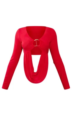 Discount PrettyLittleThing Petite Slinky Drape Longsleeve Crop Top Red
