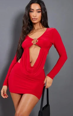 Discount PrettyLittleThing Petite Slinky Low Rise Micro Mini Skirt Red