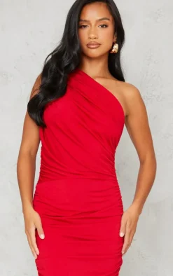Petite Slinky Ruched One Shoulder Longline Midi Dress-PrettyLittleThing Outlet