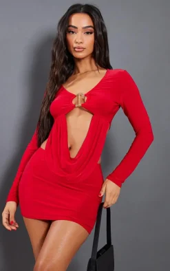 PrettyLittleThing Petite Slinky Trim Detail Drape Long Sleeve Crop Top Red