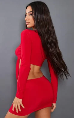 PrettyLittleThing Petite Slinky Trim Detail Drape Long Sleeve Crop Top Red
