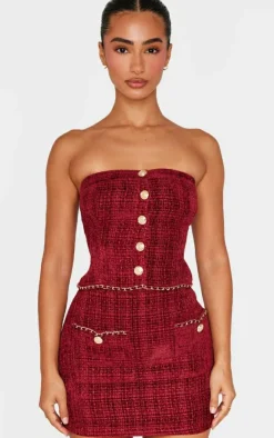 Hot PrettyLittleThing Petite Twill Bandeau Button Detail Top Red