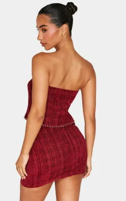 Hot PrettyLittleThing Petite Twill Bandeau Button Detail Top Red
