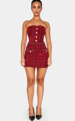 Hot PrettyLittleThing Petite Twill Bandeau Button Detail Top Red