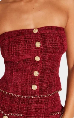 Hot PrettyLittleThing Petite Twill Bandeau Button Detail Top Red
