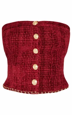 Hot PrettyLittleThing Petite Twill Bandeau Button Detail Top Red