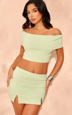 Hot PrettyLittleThing Petite Bengaline Off The Shoulder Crop Top Sage Green