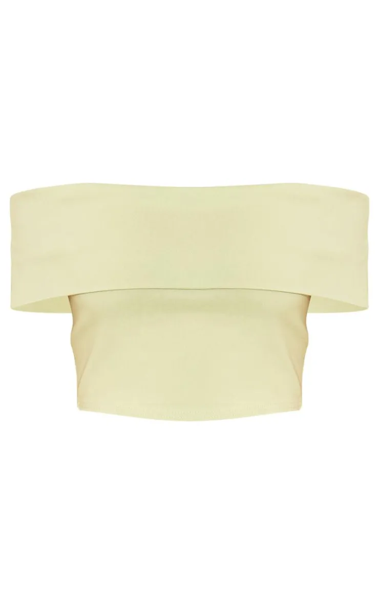 Hot PrettyLittleThing Petite Bengaline Off The Shoulder Crop Top Sage Green