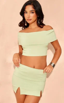 Discount PrettyLittleThing Petite Bengaline Mini Skirt With Split Details Sage Green