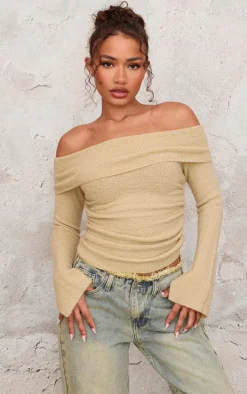PrettyLittleThing Knitted Tops*Petite Boucle Knit Off Shoulder Ruched Top