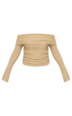 PrettyLittleThing Knitted Tops*Petite Boucle Knit Off Shoulder Ruched Top