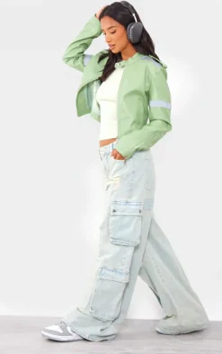 Petite Sage Green Cropped PU Racer Jacket