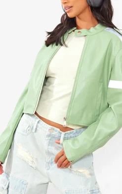 Petite Sage Green Cropped PU Racer Jacket