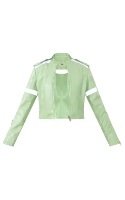 Petite Sage Green Cropped PU Racer Jacket