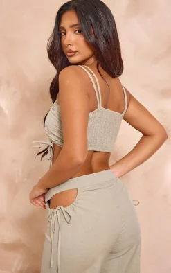 Discount PrettyLittleThing Petite Linen Look Ruched Front Crop Top Sage Green