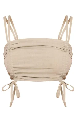 Discount PrettyLittleThing Petite Linen Look Ruched Front Crop Top Sage Green
