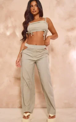 Sale PrettyLittleThing Petite Linen Look Cut Out Side Wide Leg Pants Sage Green