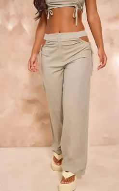 Sale PrettyLittleThing Petite Linen Look Cut Out Side Wide Leg Pants Sage Green
