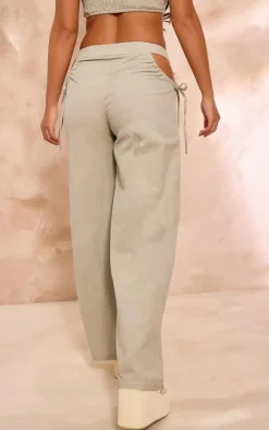Sale PrettyLittleThing Petite Linen Look Cut Out Side Wide Leg Pants Sage Green