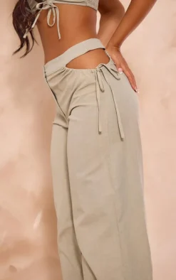 Sale PrettyLittleThing Petite Linen Look Cut Out Side Wide Leg Pants Sage Green