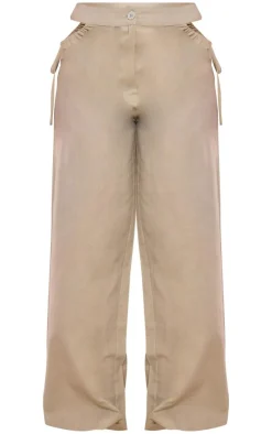 Sale PrettyLittleThing Petite Linen Look Cut Out Side Wide Leg Pants Sage Green