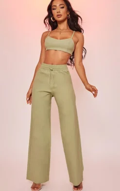 Online PrettyLittleThing Petite Peach Skin Straight Leg Pants Sage