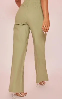 Online PrettyLittleThing Petite Peach Skin Straight Leg Pants Sage