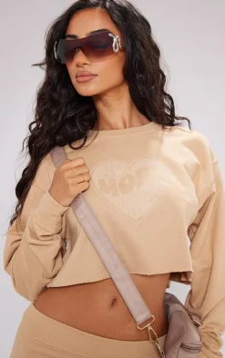 New PrettyLittleThing Petite No More Drama Raw Hem Cropped Sweatshirt Sand