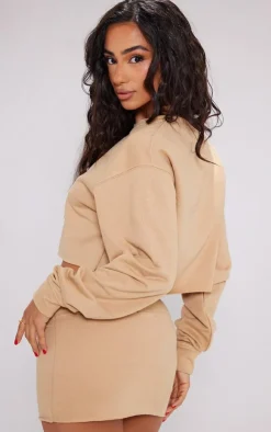 New PrettyLittleThing Petite No More Drama Raw Hem Cropped Sweatshirt Sand