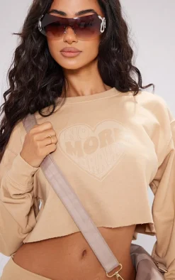 New PrettyLittleThing Petite No More Drama Raw Hem Cropped Sweatshirt Sand