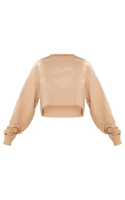 New PrettyLittleThing Petite No More Drama Raw Hem Cropped Sweatshirt Sand