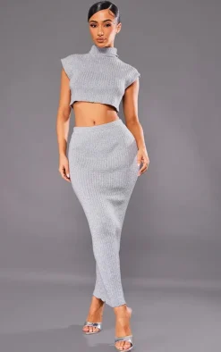Hot PrettyLittleThing Petite Glitter Knit Low Waist Midaxi Skirt Silver