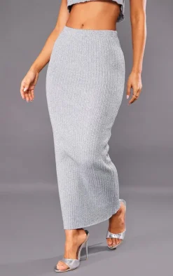 Hot PrettyLittleThing Petite Glitter Knit Low Waist Midaxi Skirt Silver