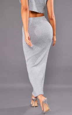 Hot PrettyLittleThing Petite Glitter Knit Low Waist Midaxi Skirt Silver