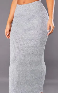 Hot PrettyLittleThing Petite Glitter Knit Low Waist Midaxi Skirt Silver