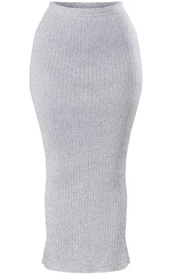Hot PrettyLittleThing Petite Glitter Knit Low Waist Midaxi Skirt Silver
