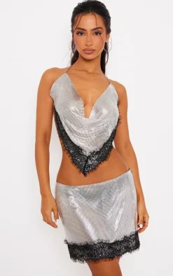 Online PrettyLittleThing Petite Lace Detail Chainmail Crop Top Silver
