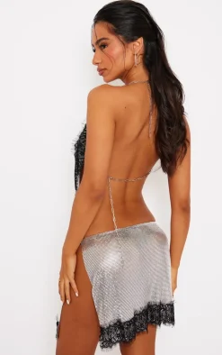 Online PrettyLittleThing Petite Lace Detail Chainmail Crop Top Silver
