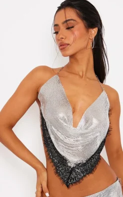Online PrettyLittleThing Petite Lace Detail Chainmail Crop Top Silver