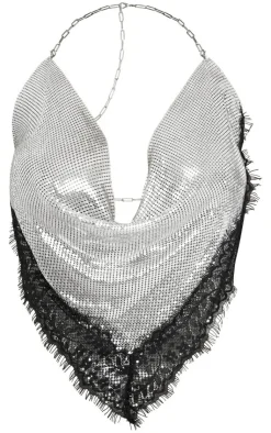 Online PrettyLittleThing Petite Lace Detail Chainmail Crop Top Silver
