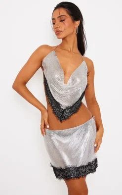 Online PrettyLittleThing Petite Lace Detail Chainmail Mini Skirt Silver