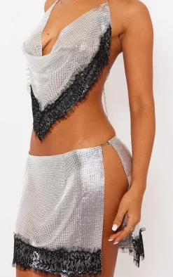 Online PrettyLittleThing Petite Lace Detail Chainmail Mini Skirt Silver