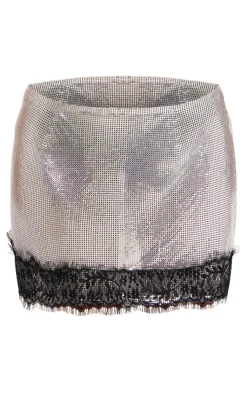 Online PrettyLittleThing Petite Lace Detail Chainmail Mini Skirt Silver