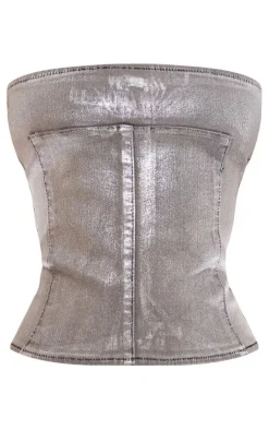 Petite Metallic Denim Panel Long Top-PrettyLittleThing Sale