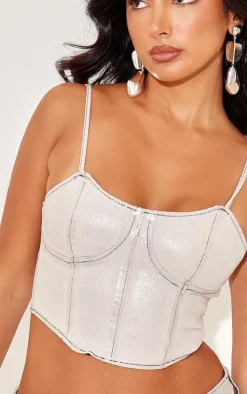 Clearance PrettyLittleThing Petite Metallic Denim Corset Top Silver