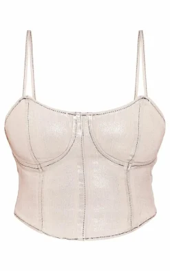 Clearance PrettyLittleThing Petite Metallic Denim Corset Top Silver
