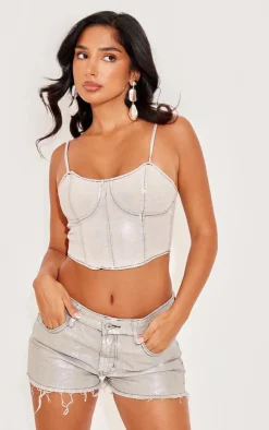 Clearance PrettyLittleThing Petite Metallic Denim Frayed Hem Shorts Silver