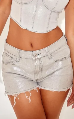 Clearance PrettyLittleThing Petite Metallic Denim Frayed Hem Shorts Silver